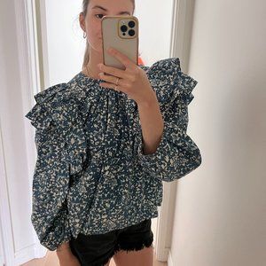 Ulla Johnson Blue Floral Ruffle Sleeve Top
